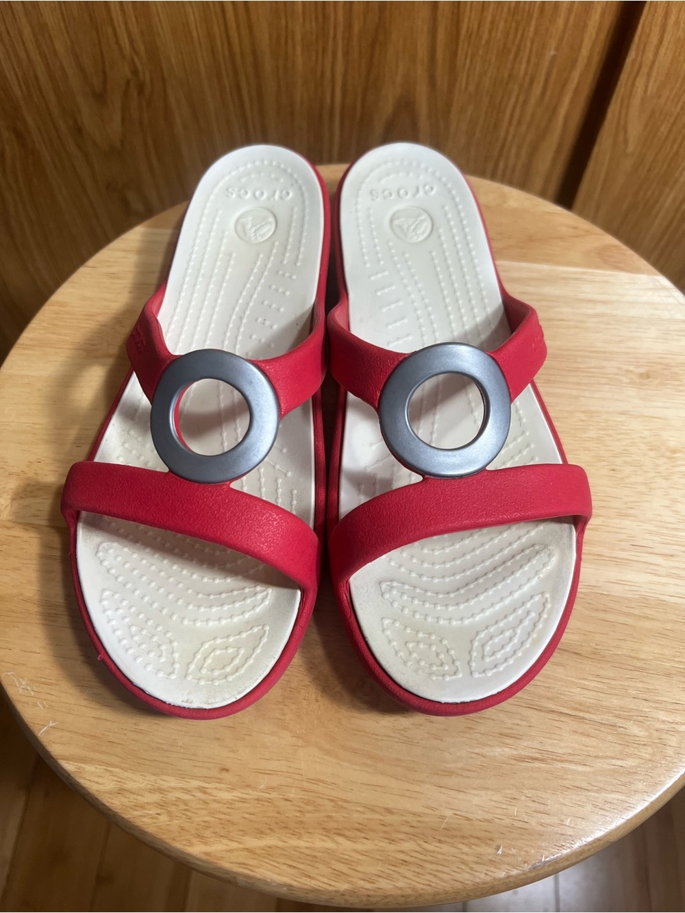 CROCS Red Slide Sandals with Silver Ring Accent